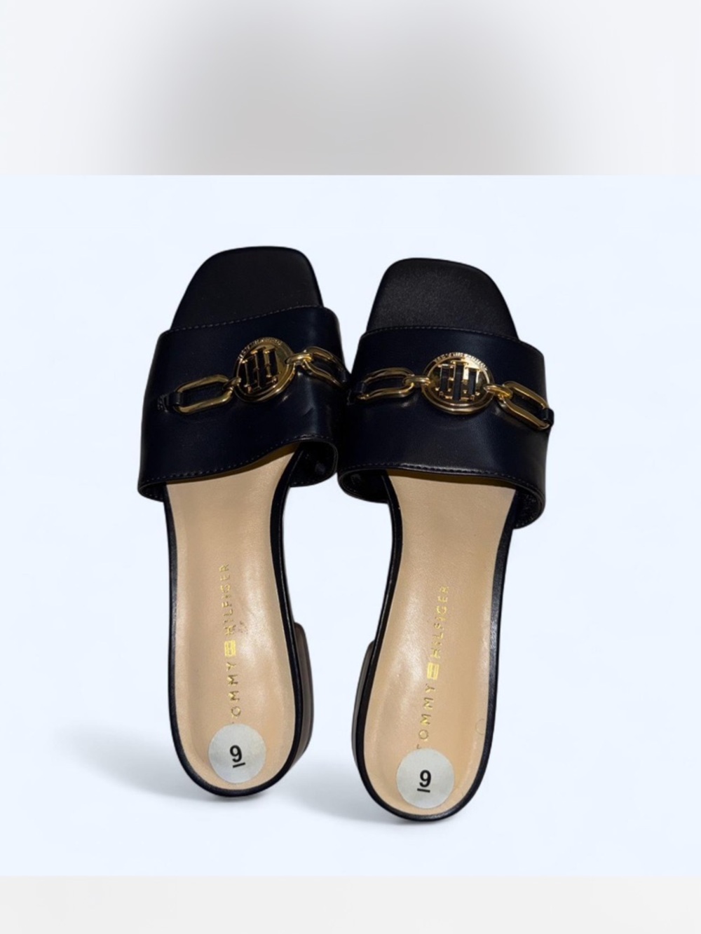 Tommy Hilfiger Black Leather Slip-On Mules with Gold Chain Emblem